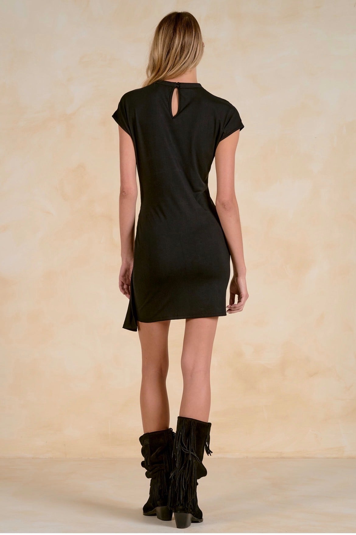Cap Sleeve Buckle Dress-Black
