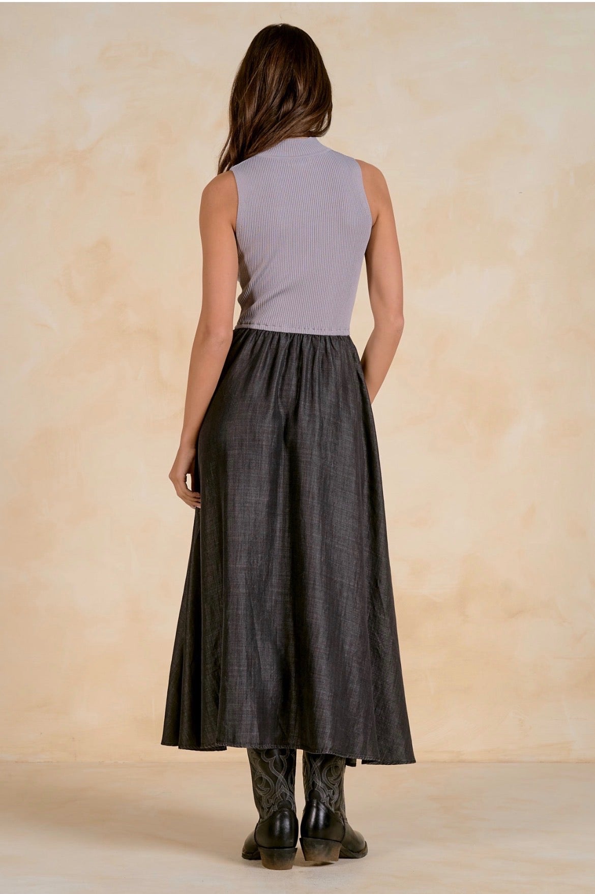 Maxi Mock Neck Sleeveless Dress-Black/Grey Combo