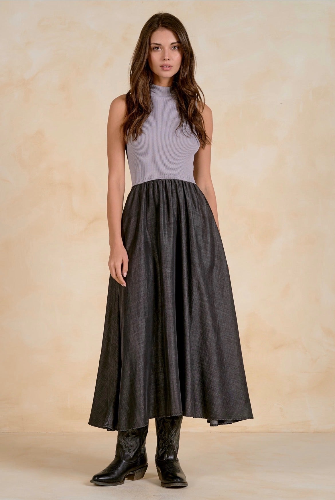 Maxi Mock Neck Sleeveless Dress-Black/Grey Combo