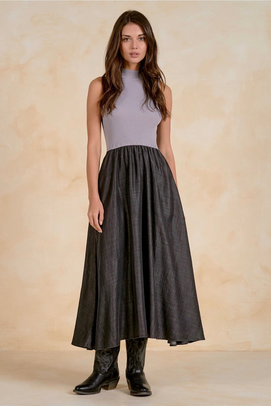 Maxi Mock Neck Sleeveless Dress-Black/Grey Combo