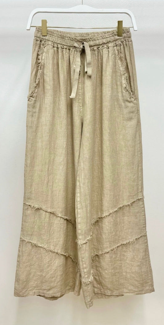 Italian Linen Frill Trim Palazzo Pants-Earth Beige