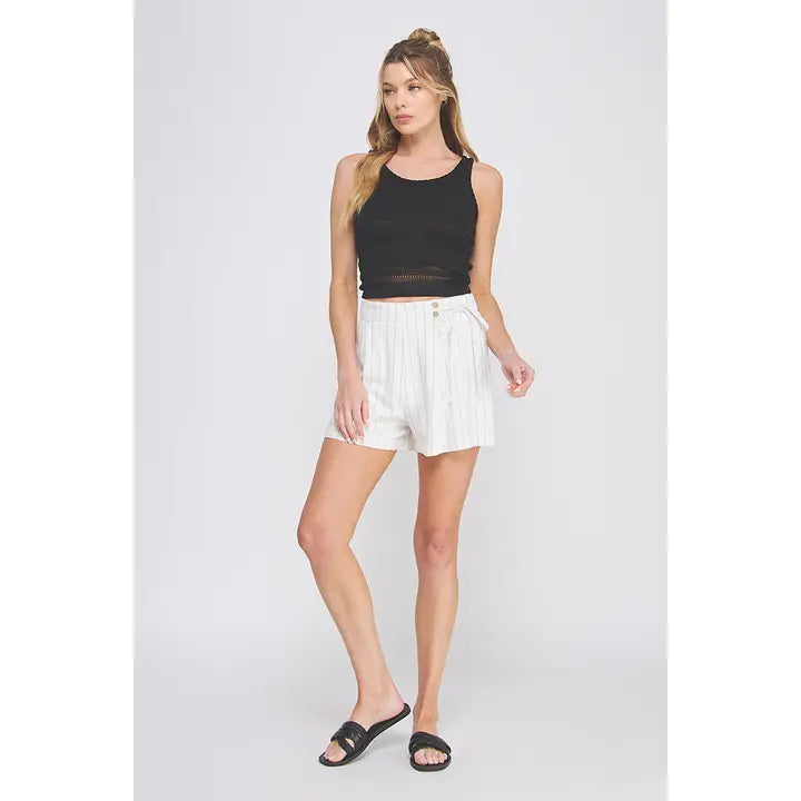 Pinstripe Soft Linen Shorts-Black Stripe