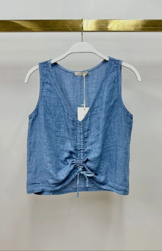 V-Neck Front Rouched Crop Top-Denim Blue