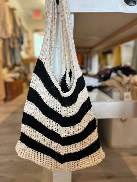 Stripe Knit Crochet Beach Bag-Cream/Black