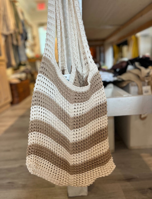 Stripe Knit Crochet Beach Bag-Cream/Mocha