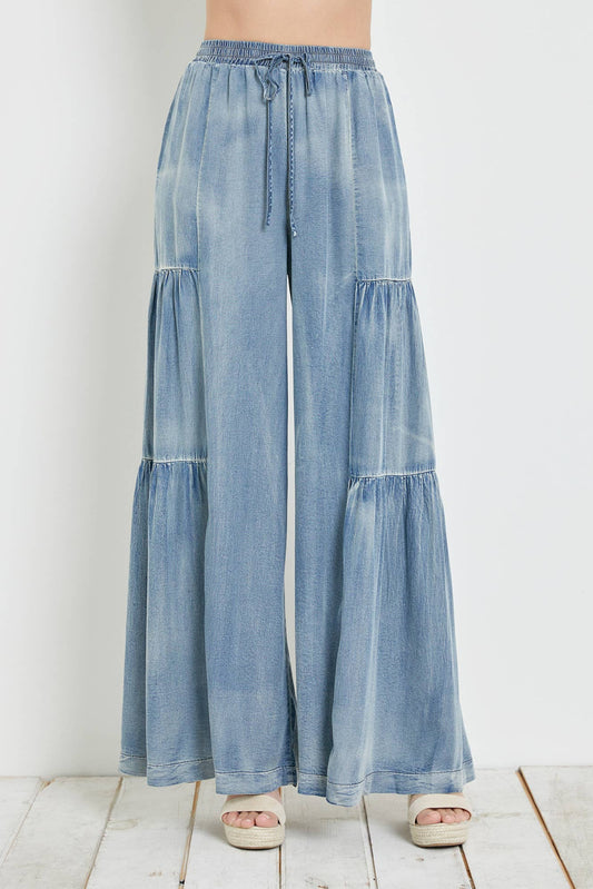 Ruffled Side Washed Denim Wide Pants